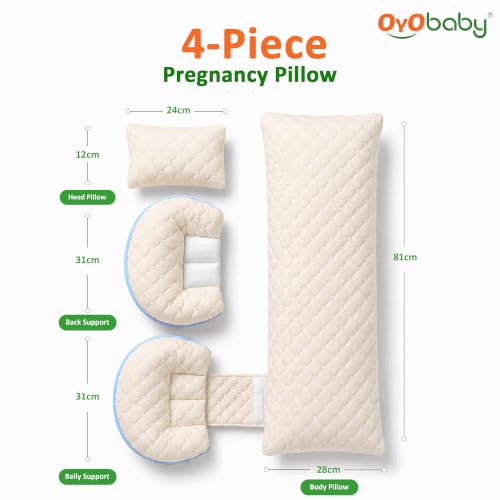 Image of OYO BABY Premium Maternity Pillow Bundle | 4-Piece Full Body Pregnancy Pillow Set for Back, Belly, Hips and Leg Support | Adjustable Butterfly Design | Hypoallergenic Organic Cotton Cover - Blue