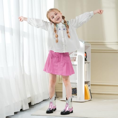 Kids Cowboy Boots Unisex Cowgirl Metallic Western Booties Round Toe Pull on Splicing Riding Ankle Boots for Boys/Girls4