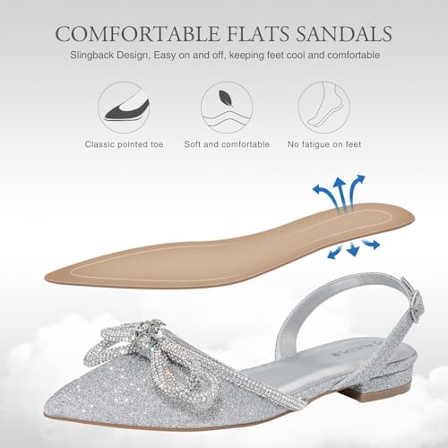 ALICEPUB Women's Pink Floral Slingback Flats Shoes with Glitter, Comfortable Latex Insoles, Slingback Design with Adjustable Buckle, Size 63