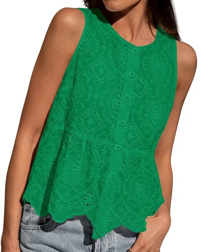BTFBM Womens Tank Tops 2026 Summer Casual Sleeveless Button Down Shirts Embroidered Eyelet Blouse Beach Vacation Clothes(Green, Medium)