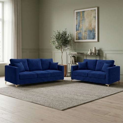 Image of Hayes Rich Velvet Suede 3 Seater + 2 Seater Sofa | Golden Aesthetic Legs | 6 Person Seating Capacity | Spacious Soft Touch Comfort | Modern Living Room Sofa (Dark Blue)