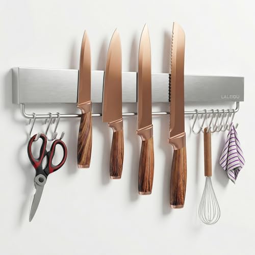 LALEIDU Magnetleiste Messer 43 CM - Starker Magnetischer Messerhalter mit Klebeband/Schrauben /10 Haken - Edelstahl Magnet Messerhalter für Messer Unbestückte Messerblöck
