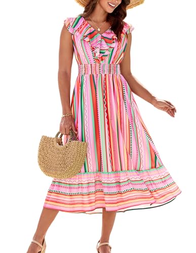 Kleid für Frauen A-Linie Rüschenkleid mit V-Ausschnitt Blumenmuster ärmellos Strand Sommer elegant Rosa und grüne Farbstreifen XL