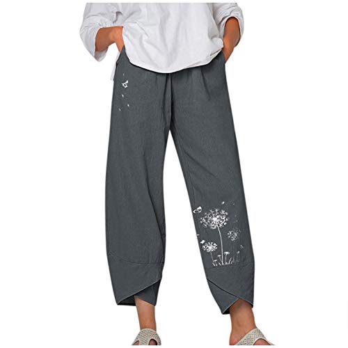 Womens Capri Pants Casual Summer Pocket Cotton Linen Pants Loose Harem Comfy Wide Leg Sweatpants Print Cropped Trouser