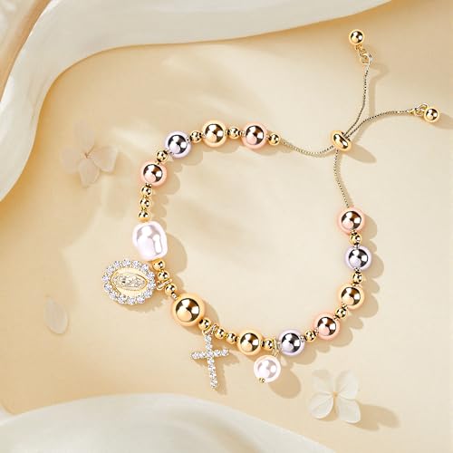 Pomeliary Rosary Cross Bracelet for Women, Gold Virgin Mary Rosary Beads Catholic Bracelet Big Beads by Pomeliary - Used condition - Image 5