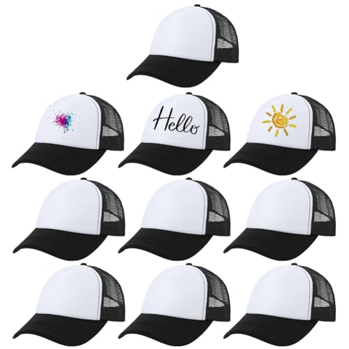 Besforta Lot de 10 chapeaux de camionneur à sublimation pour enfants, en maille en vrac, réglables, vierges et unies, pour le bricolage, noir/blanc, taille unique