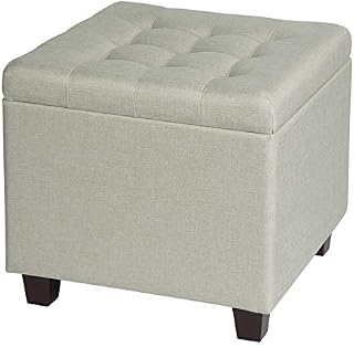 WOLTU Storage Box Ottoman Chair Stool Cream Upholstered Footstool Linen Square Pouffe Chair Multifunction with Removable Cover