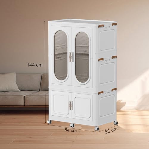 MECOLOR Faltbarer tragbarer Kleiderschrank Cube Storage Unit mit Tren und Kleiderbgeln, Aufbewahrung Organizer mit Rollen, Schlafzimmermbel, Wei, 84 cm (W) x 53 (L) x 144 (H), PL84-HC