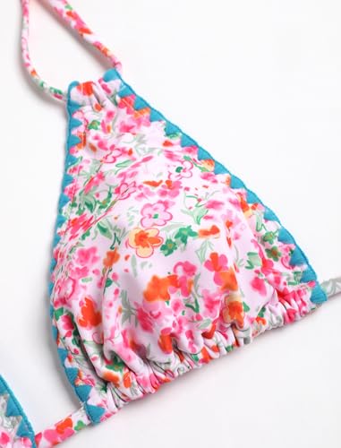 Image of ZAFUL Women Halter Dual Straps Whip Stitch Floral Triangle Bikini Swimsuits