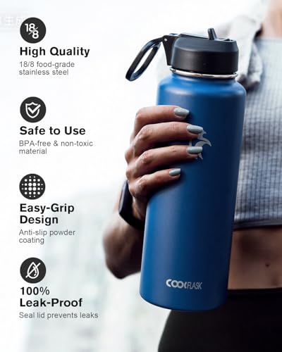 Image of Coolflask 40 oz Water Bottle Insulated with Straw & 3 Leakproof Lids
