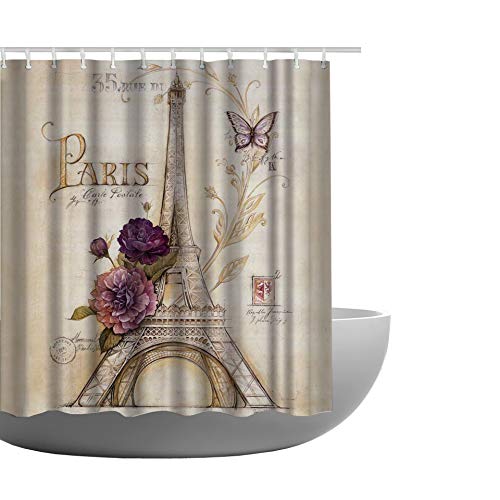 Amagical 16 Piece Vintage Paris Brown Eiffel Tower Shower Curtain Set Bathroom Mat Set Purple Flower Butterfly Bath Mat Contour Mat Toilet Cover And Shower Curtain With 12 Hooks #TOP1