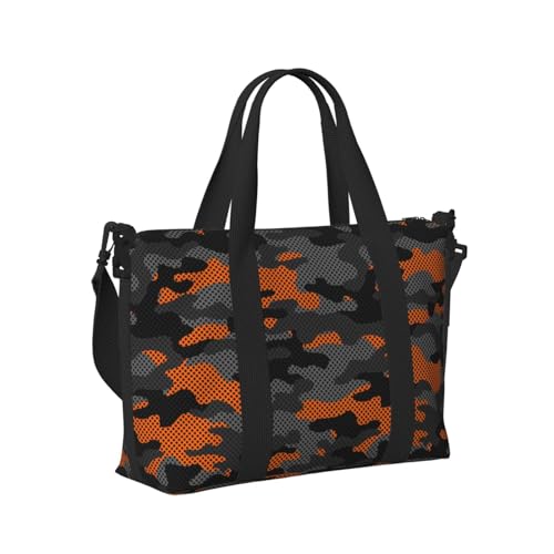 Orange Grey Camouflage Print Travel Duffle Bags for Women, Personal Item Overnight Weekender Sport Carry On Gym Bag for Men Women