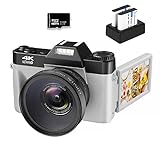 VJIANGER 4K Digital Camera for Photography 48MP Vlogging Camera for YouTube with Flip Screen, Autofocus, 16X Digital Zoom, 52mm Wide Angle & Macro Lens, 32GB TF Card, 2 Batteries（Grey）