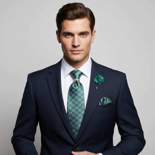 Image of 5PCS Mens Premium Silk Tie, Pocket Square, Cufflinks, Drilled Tie Ring and Lapel Pin Set for Wedding Groom Party