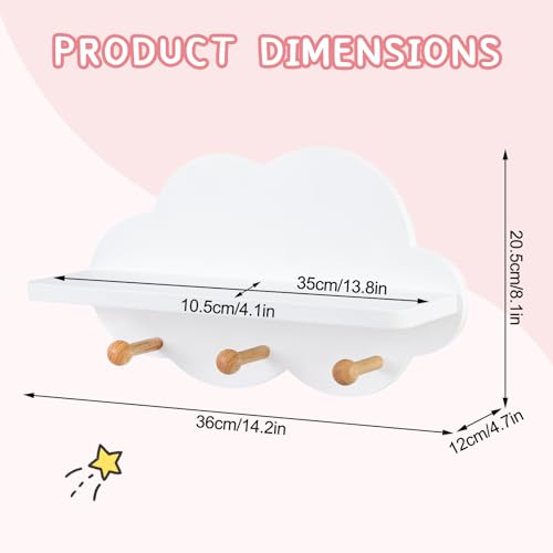 Miniatura 3 de Woltu Estante Flotante Nube, Estanteria Pared Para Niños, Estante De Pared Blanco Con Ganchos, Decoración De Nube Para Habitación Infantil, Mdf E1, 36x20,5x12 Cm