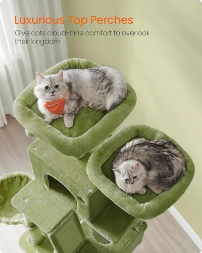 Image of Feandrea Cat Tree, 81.1-Inch Large Cat Tower, Multi-Level Condo, Green | with 13 Sisal Scratching Posts, 2 Perches, 2 Cave, Hammock, Basket, Pompoms for Indoor Cats, Easy to Assemble, UPCT190C01