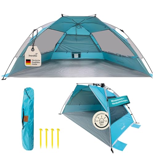 Skandika Strandmuschel Skal | Quick-Start Strandzelt, UV-Schutz 80+, 360° Mesh-Panoramafenster, Windschutz, Sonnenschutz, Sichtschutz, Quick-Up, Sandheringe |Strand Zelt für Familie, Kinder