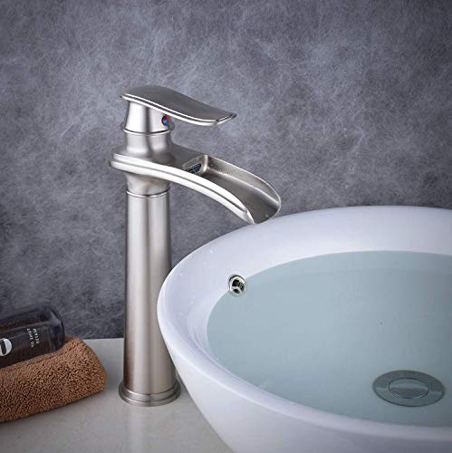 Waterfall Spout Commercial Bathroom Vessel Sink Faucet Single Handle One Hole Deck Mount Brushed Nickel Lavatory Mixer Tap #TOP1