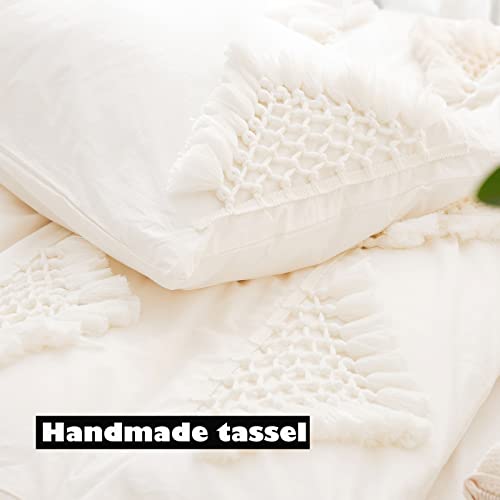 Boho White Bedding Queen Macrame Tassel Duvet Cover Set 100% Washed Cotton Linen Like Bohemian Bedding 3 Pcs Rustic Farmhouse Comforter Cover With 2 Pillowcases (Queen, White) #TOP3
