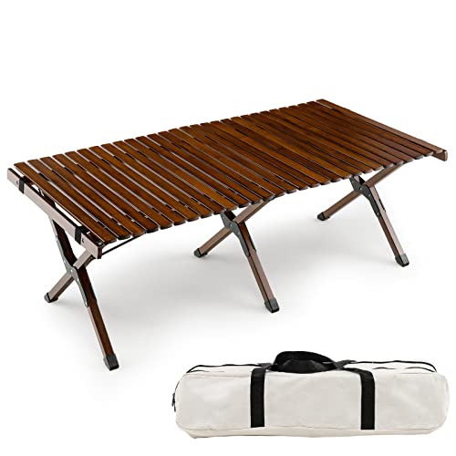 GYAMX Table de Camping Enroulable en Bambou Pique-Nique Pliante avec Sac de Rangement, Portable pour Intérieur et Extérieur (Brun Rustique)