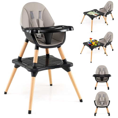 Image of HONEY JOY Baby High Chair, 6-in-1 Convertible Wooden Highchair for Babies and Toddlers/Table Set/Toddler Chair with Safety Harness, 4-Position Removable Feeding Tray (Black)