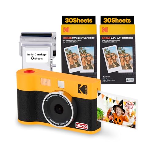 KODAK Mini Shot 2 ERA 4PASS 2-in-1 Instant Camera and Photo Printer (2.1×3.4 inches), Initial 8 Sheets + 60 Sheet Pack Bundle, Yellow