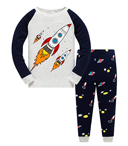 Popshion Schlafanzug Jungen 140 Langarm Baumwolle Pyjama Kinder Zweiteiliger Nachtwäsche Sets Raumfahrt Planet Rakete(Rakete258 10T)