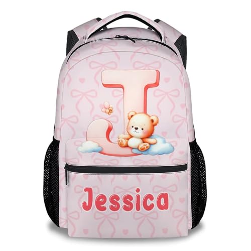 Custom Backpack for Girls 4-6 - 17 Inch Large Capacity Bear Initial Name Backpacks for Elementary - Toddler Girls Lightweight Bookbag