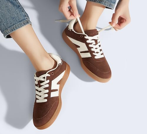 Image of LUCKY STEP Women Classic Retro Gum Sole Fashion Sneakers Casual Tennis Skate Shoe Genuine Leather Walking Footwear Anti Slip Trainers