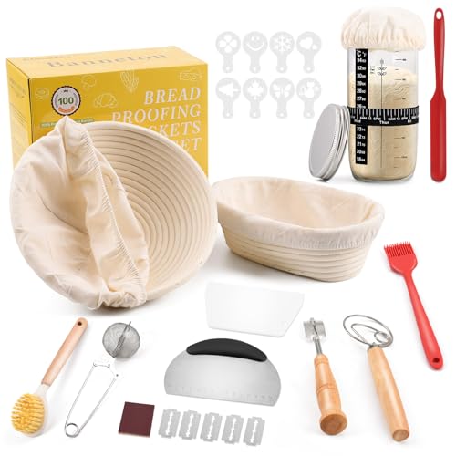 Clheatky Cestino Pane Lievitazione 12-pezzi, Set Lievitazione Pane Rattan 25cm Ovale & 23cm Rotondo, Kit Completo di Lievito Madre, Grande Regalo per Principianti, Panettiere Esperto