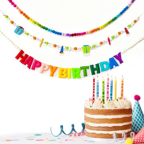 Pre-strung Birthday Banner with Wool Balls and Felt Garlands