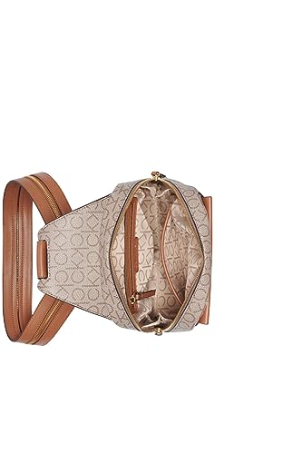 Image of Calvin Klein Women's Millie Backpack for Women - Vegan Leather Monogram Backpack, 2 Pockets, Almond /Taupe /Caramel, One Size