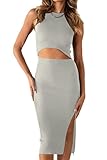PRETTYGARDEN Women's Summer Midi Bodycon Dresses Casual Crew Neck Side Slit Sleeveless Knit Cut Out Tank Top Dress (Bean Green,Small)