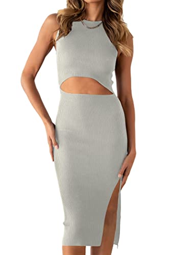 Image of PRETTYGARDEN Women's Summer Midi Bodycon Dresses Casual Crew Neck Side Slit Sleeveless Knit Cut Out Tank Top Dress