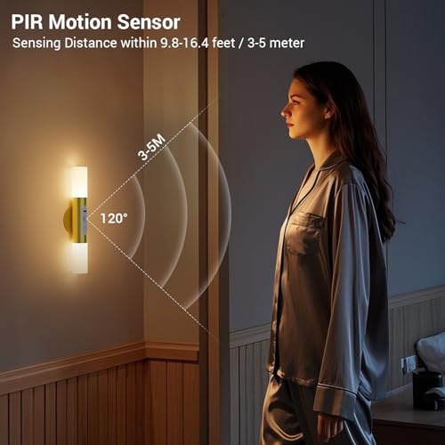 Image of Hensam Motion Sensor Wall Lights with Remote, Rechargeable Battery Sconces | Peel and Stick Wall Night Light, 3 Color Temps, Dimmable, Magnetic, for Hallway, Stair, Bedroom, Living Room, Gold, 2 Pack