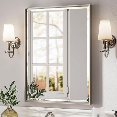 QueenFun Brushed Nickel Bathroom Mirror, 24x32 Inch Beveled Framed Bathroom Mirror Anti-Rust,...
