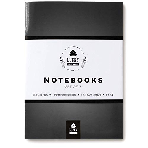 Lucky Notebook/Planner Hybrids: Squared/Graph Pages, 1-Month Planner, 1-Year Tracker, Life Map, Set of 3 (Black)