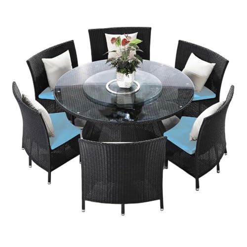 Best Outdoor Dining in Manhattan: Top Stylish Patio Sets for Relaxation 6 Manhattan Comfort Nightingdale 7 Piece Outdoor Dining Set with Round Glass Lazy Susan | Includes 6 Rattan Chairs, Water-Repellent Cushions and Toss Pillows, Patio Furniture, Black/Sky Blue/White