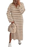 MEROKEETY Women's 2024 Long Sleeve Striped Sweater Dress V Neck Collared Slit Casual Knit Maxi Dresses, Khaki, M