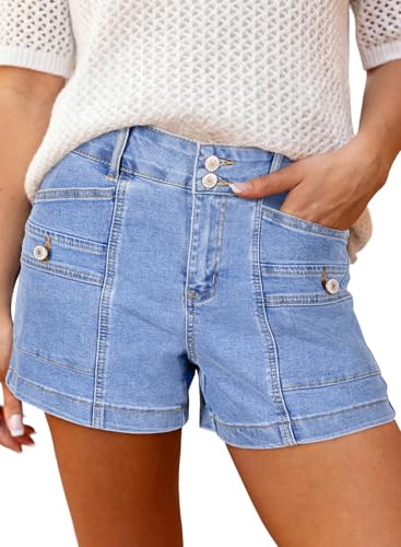 Astylish Shorts for Women Trendy Double Button High Waisted Loose Beach Denim Pants Stretchy Baggy with Summer 2026 Patch Pockets Light Blue Size 18
