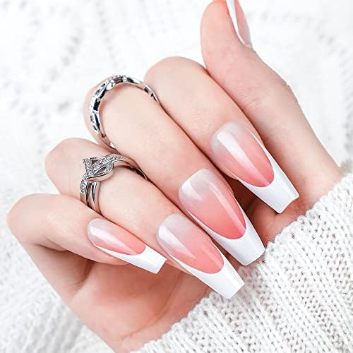Jofay Fashion 24 Pcs French Press on Nails Medium, Glossy Nude Fake Nails Pink Ballerina Coffin Glue on Nails, White Tips French Stick on Nails Reusable Acrylic False Nails with Nail Glue Kit at Home 12 Sizes