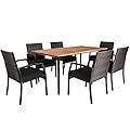 Tangkula 7 Pieces Patio Dining Set, Acacia Wood Wicker Dining Furniture Set with Steel Frame & Umbrella Hole, Outdoor Dining Table Chair Set with Removable Cushions for Backyard, Garden (Black)