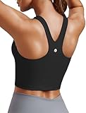 PINSPARK Women Sports Bras High Neck Workout Crop Tops Longline Racerback Tank Top with Built in Bras Activewear, Black Small