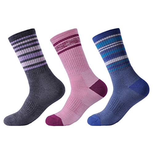 SOLAX Merino Wool Hiking & Walking Socks for Women Crew Trekking, Outdoor, Cushioned, Breathable 3 Pack (M, Asst56)