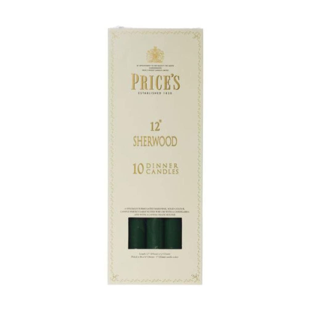 Price's - 12" Sherwood Dinner Candles - 10 Pack - Evergreen - Solid Colour - Up to 9 Hour Burn Time - Smokeless - Unscented - Non-Drip - Multi-Purpose