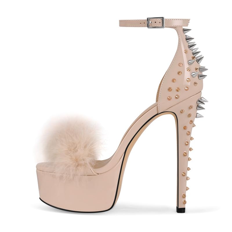 Richealnana Women's Fuzzy Platform Sandals Stiletto Ankle Strap Sexy Dressy Sandals