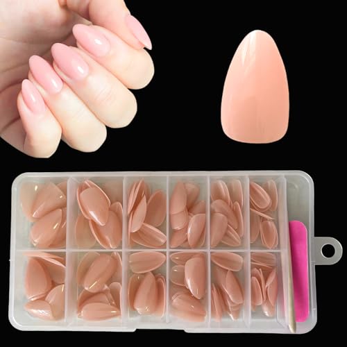 120 Pezzi Unghie Finte Forma Mandorla, Color Carne Rosa Smaltati Corti Quadrati per Principianti Fai Da Te (Nude Pink)