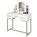 WOLTU Tocador Maquillaje con Espejo 3 Plegables Mesa de Tocador con 3 Grandes Cajones, Mesa Cosmética de Madera con Patas Metal para Dormitorio Blanco y Dorado 90,2x40,2x125,5 cm MB6093ws
