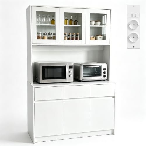 Wumagin Alacena de Cocina 180 cm, Armario Despensa Cocina con regleta y Tira de Luces LED, Aparador Comedor con Estantes Regulables (Blanco)