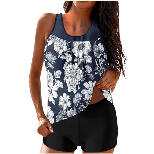 Woman Swimsuit Women Two Piece Tankini Swimsuits Blouson Swim Top Boyshort Bathing Suits Summer Boho Floral Print Swimwear Suit with Skirt